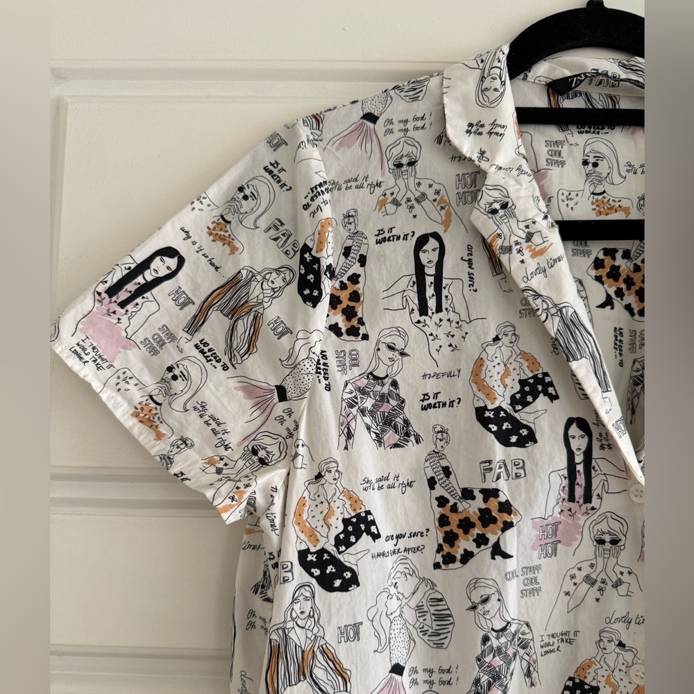 Zara White Collared Button Down Short Sleeve Mini Short Dress Graphic Print XS - Picture 2 of 4